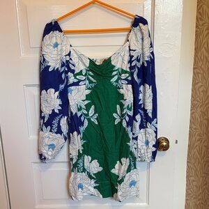 FARM Rio Green and Blue Floral Long Sleeve Linen Mini Dress